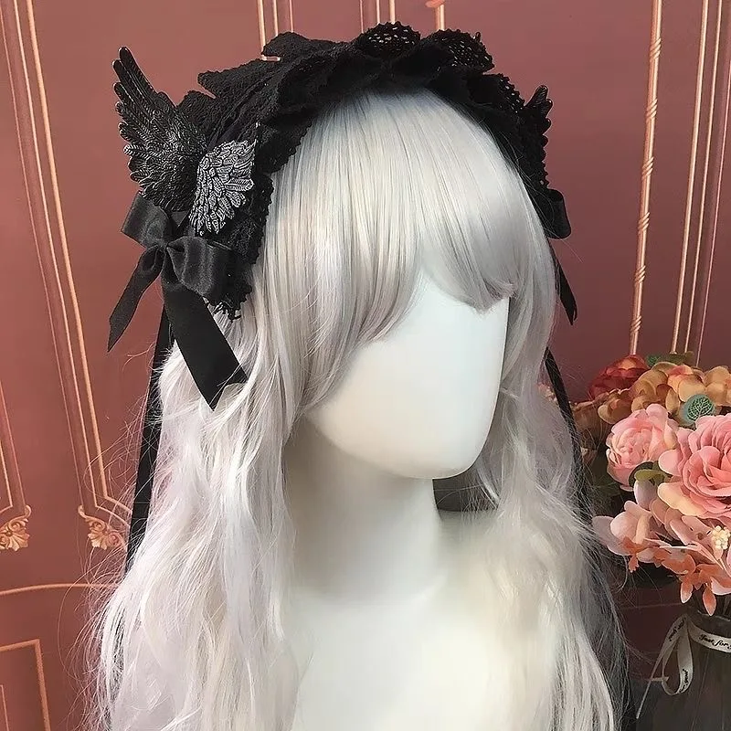 로리타 메이드 머리 장식 고딕 다크 엔젤 윙 레이스 활 머리띠, 스위트 코스프레 헤드 랩, 애니메이션 헤어 액세서리