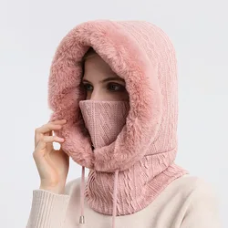 Hut Mit Kapuze Hals Schal Maske Warm Verdicken Gestrickte Flusen Winter Kappe Für Frauen Outdoor Ski Winddicht Hut Plüsch Flauschigen Beanies Caps