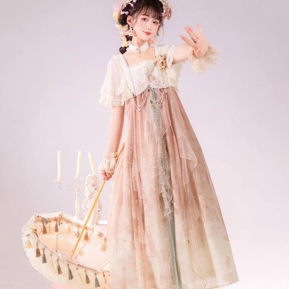 Dreaming of Mountains and Rivers Improved Girls Han Element Super Immortal Coat and Suspended Dress Set Gothic Lolita Hanfu