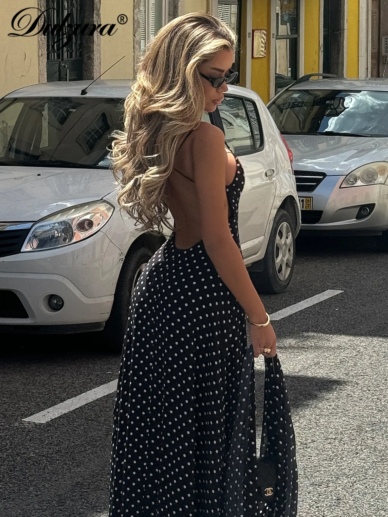 Dulzura ノースリーブバックレススリムジッパー水玉プリントリボンキャミマキシドレスセクシーエレガントカジュアルロングドレスパーティークラブ衣装