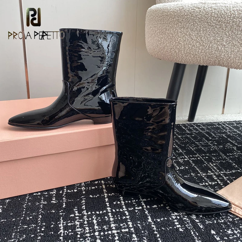 

Shiny Leather Nude Boots Pointed Toe New Coming 2024 Autumn Slip on Brand Name Amazing Runway T-show Short Bootie Sapatos Mujer