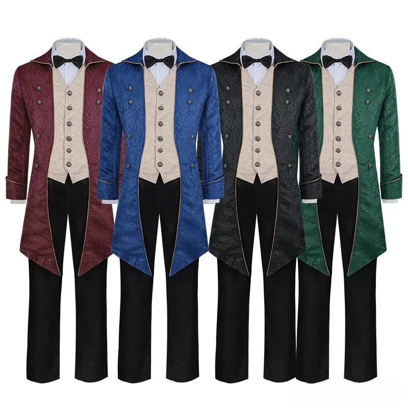 

Christmas Tailcoat Men's Mid-Length Coat with Bow Tie Medieval Vintage Style Polyester Fiber Autumn Wear Seven Sleeve Long