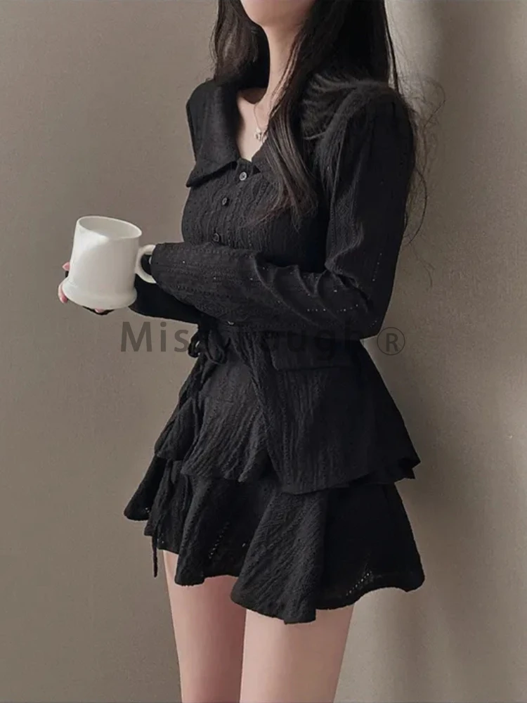 Koreanische süße Patchwork zweiteilige Set Frauen Langarm Shirt Kuchen Miniröcke weibliche Mode Schnürung elegante Falten Party Anzüge