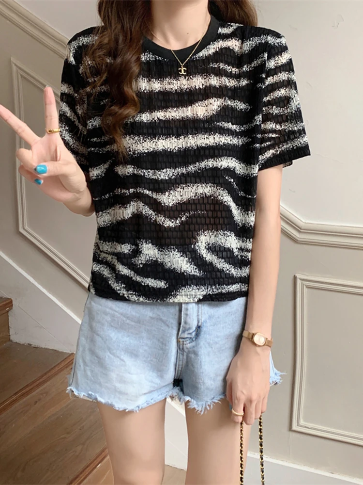 2023 Summer New Zebra Pattern Shoulder Pad Hollow Micro Transparent T-shirt