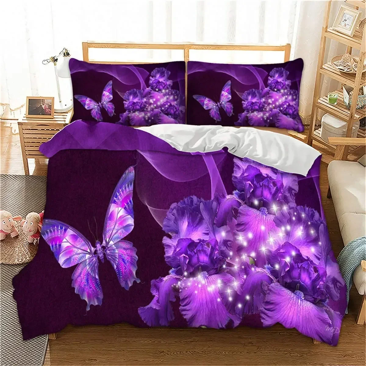 Butterfly Duvet Cover Set Full Size,Rainbow Butterfly Bedding Set for Girls,Rainbow Butterflies Comforter Cover Set,Pink Purple
