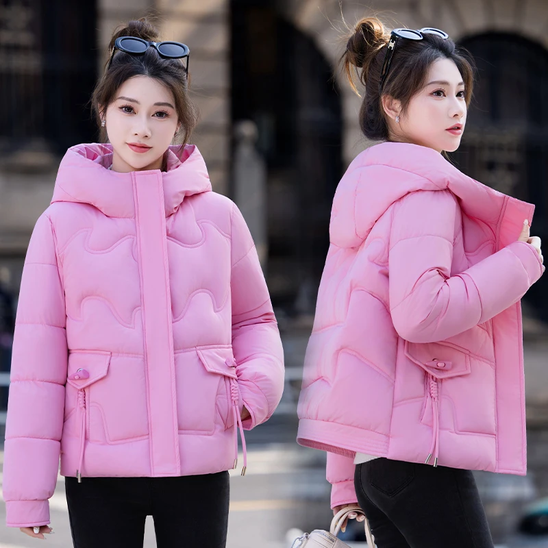

Women's Thiened Cotton Jaet Hooded Puffer Loose Fit Winter Outerwear ort Sle Zipper Closure Long Sve Polyester Fabric