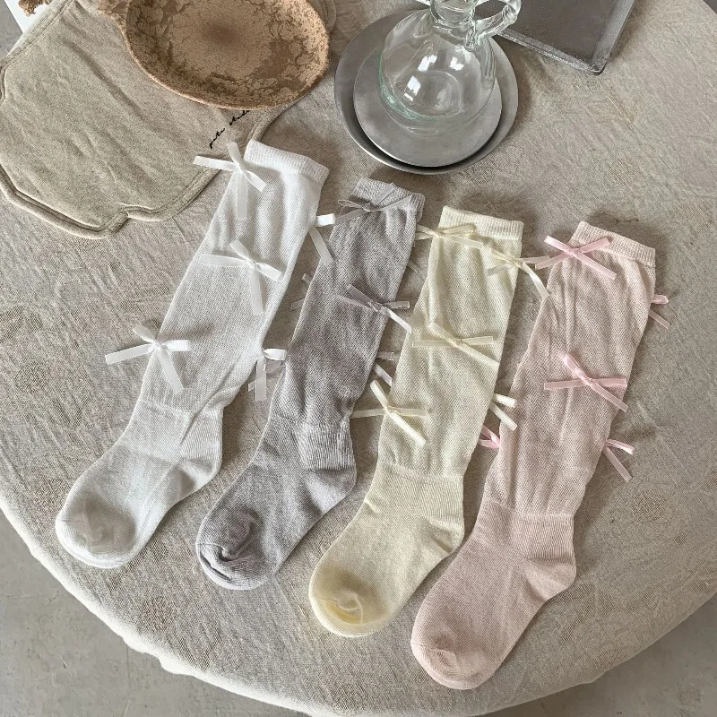 

Sweet Bowknot Knee High Socks Soft Solid Color Mid-Calf Socks Lolita Style Socks Breathable Casual Socks for Spring Autumn F8355