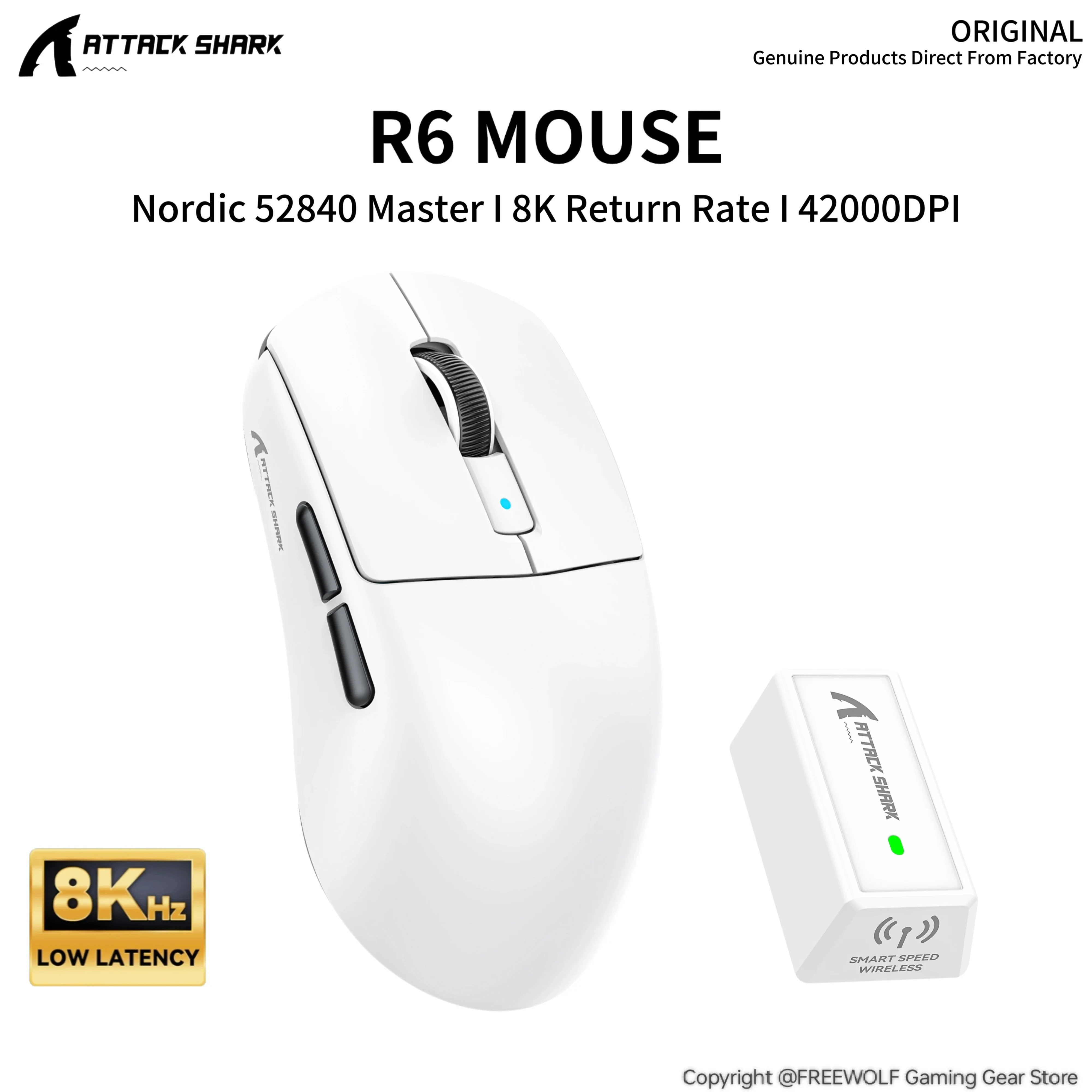 ATTACK SHARK R6 Wireless 8K Hz Gaming Mouse,Nordic 52840 MCU,PixArt PAW3950 Gaming Sensor,42000 DPI,750IPS,SUPERLIGHT 39g