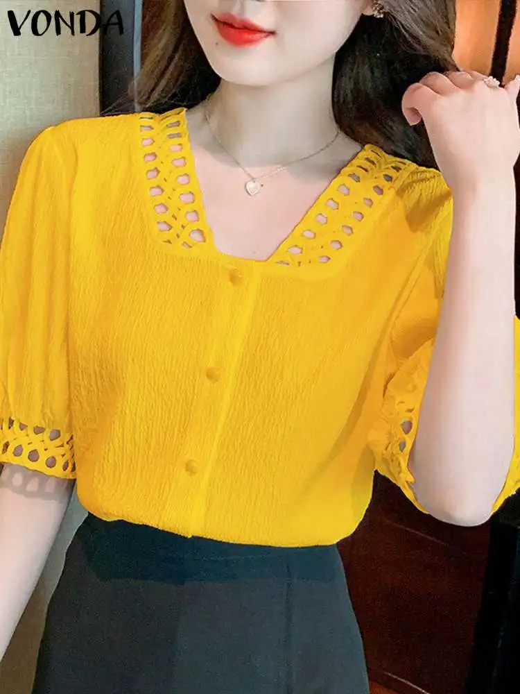 Women Elegant Blouse VONDA 2024 Summer Shirts Casual Hollow Out Short Sleeve Lace Patchwork Tunic Tops Solid Color V Neck Blusas