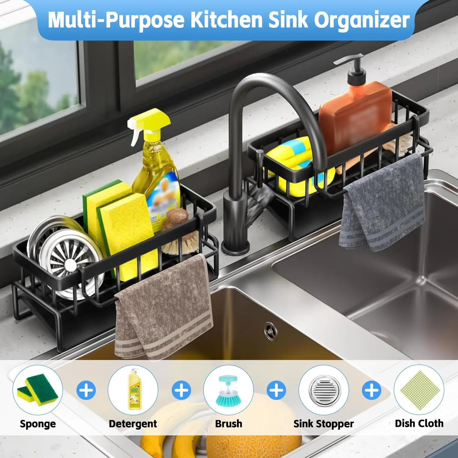 Kitchen Sink Drain Rack Organizer Carbon Steel Sponge Storage Faucet Holder Self-Draining Soap Dishcloth Towel Shelf