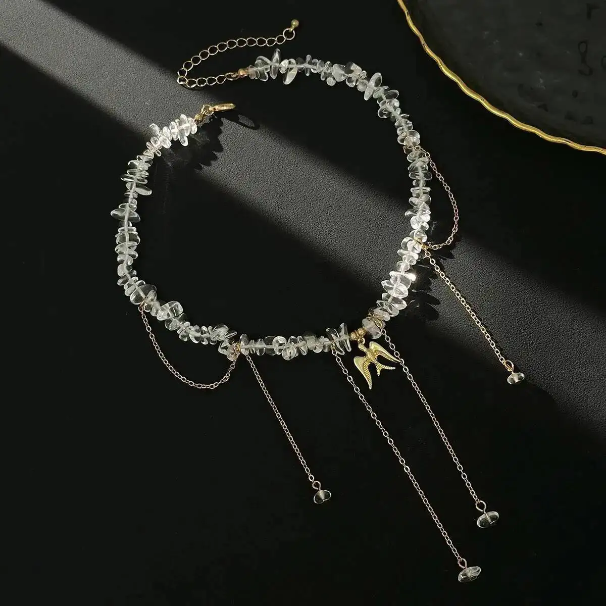 KunJoe Elegant Crystal Beaded Choker Necklace Women Fashion Metal Tassel Pendant Necklace Clavicle Chain Bride Wedding Jewelry