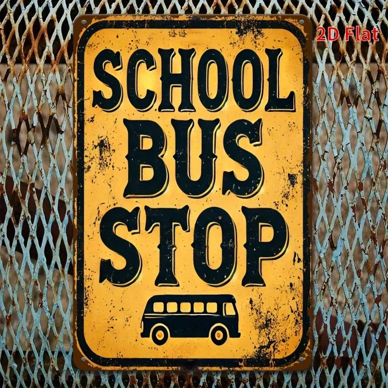 School Bus Stop Retro Aluminum Tin Sign, Distressed Yellow Background Bold Lettering Wall Decor for Outdoor