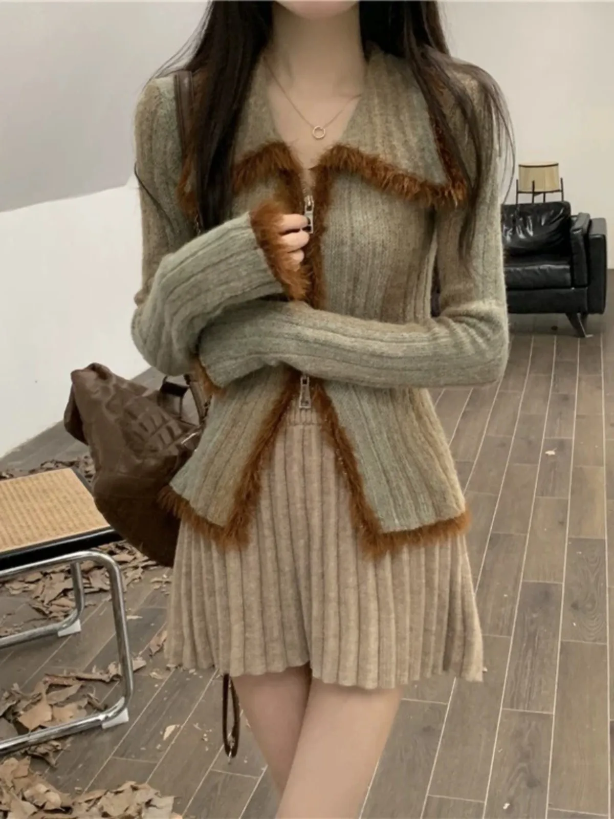 

adient Color Splicing ort вязаный свитер джет женский весенне-осенне-зимний кардиган с двойной молнией и тонким воротником открытый кардиган топ