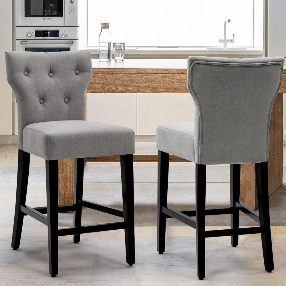 25 inch Barstools Gray Fabric Counter Height Bar Stools with Wood Legs, Set of 2