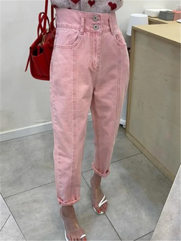 REALEFT tasche anteriori pantaloni Casual in Denim da donna 2024 nuovi pantaloni Jeans da donna dritti a vita alta Vintage tinta unita femminili