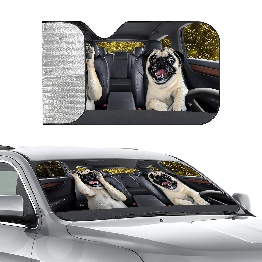 

Pugs Dog Animal Car SunShade Three-layer Insulation Car Front Windshield Sun Shade Suction Cup Blocks UV Rays Sun