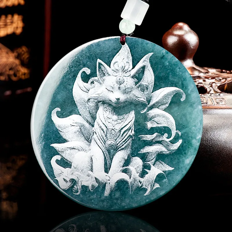 Natural Burmese Blue Emerald Nine-tailed Fox Pendant Necklace Jade Fashion Charm Jewelry Shadow-carved Amulet Gifts for Women