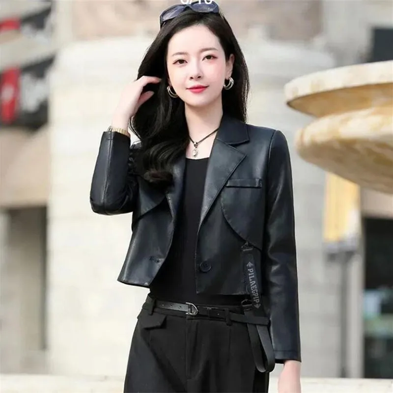 Green Black Leather Jacket Women\'s Clothes 2024 Spring Autumn New Chic Motorcycle Leathers Short PU Pi Suit Coat Female Korean V