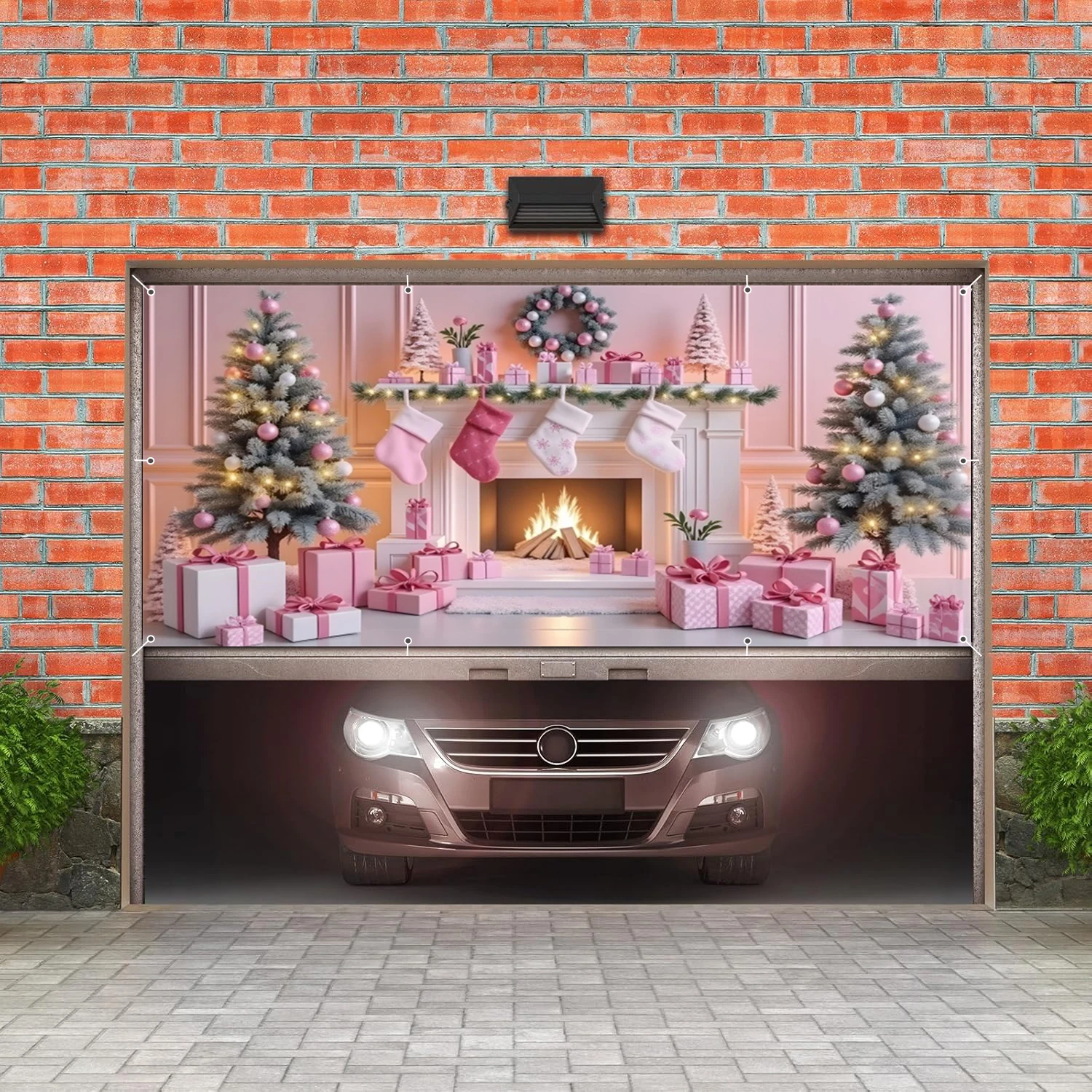 Natale rosa camino porta del garage sfondi albero di Natale ghirlanda calzini regali cornice della parete del garage per l'arredamento del cortile di casa all'aperto