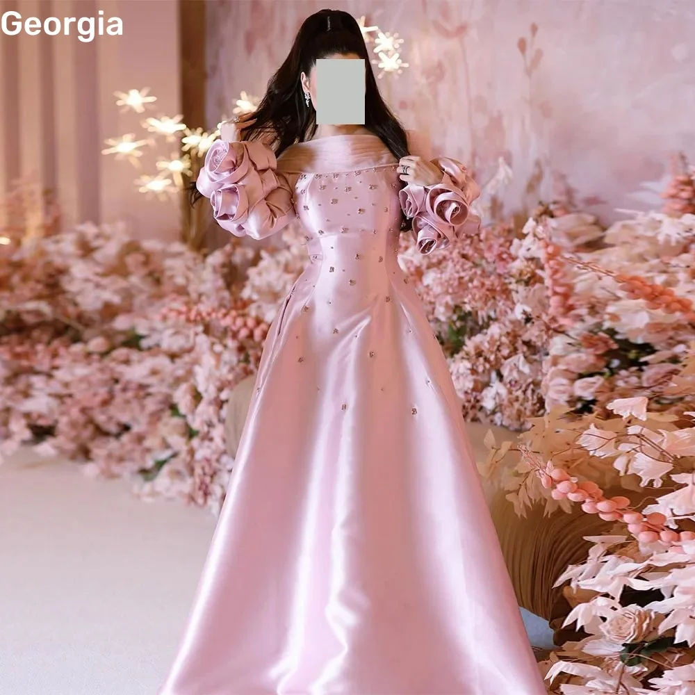 

Customized Luxury Evening Dresses A-Line Off-The-Shoulder Neckline Floor-Length Flowers Zipper Up Long Sleeves Lining Elegant