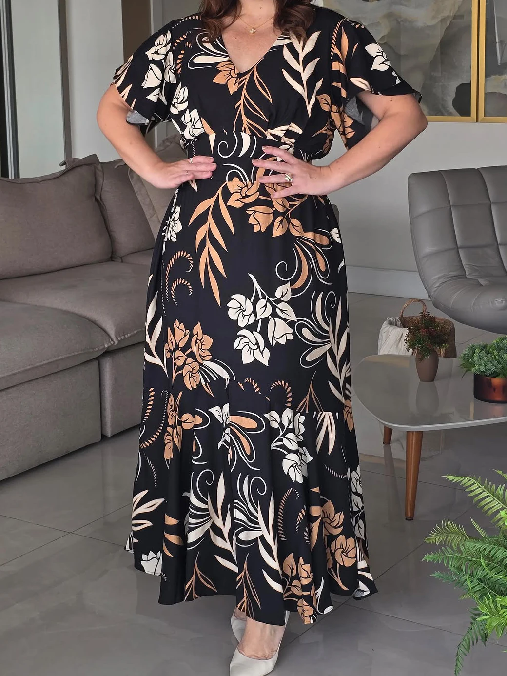 Abito lungo da donna a trapezio con stampa di foglie tropicali e vita grembiule - Abito da spiaggia Boho a maniche corte in nero/beige/marrone/per l'estate