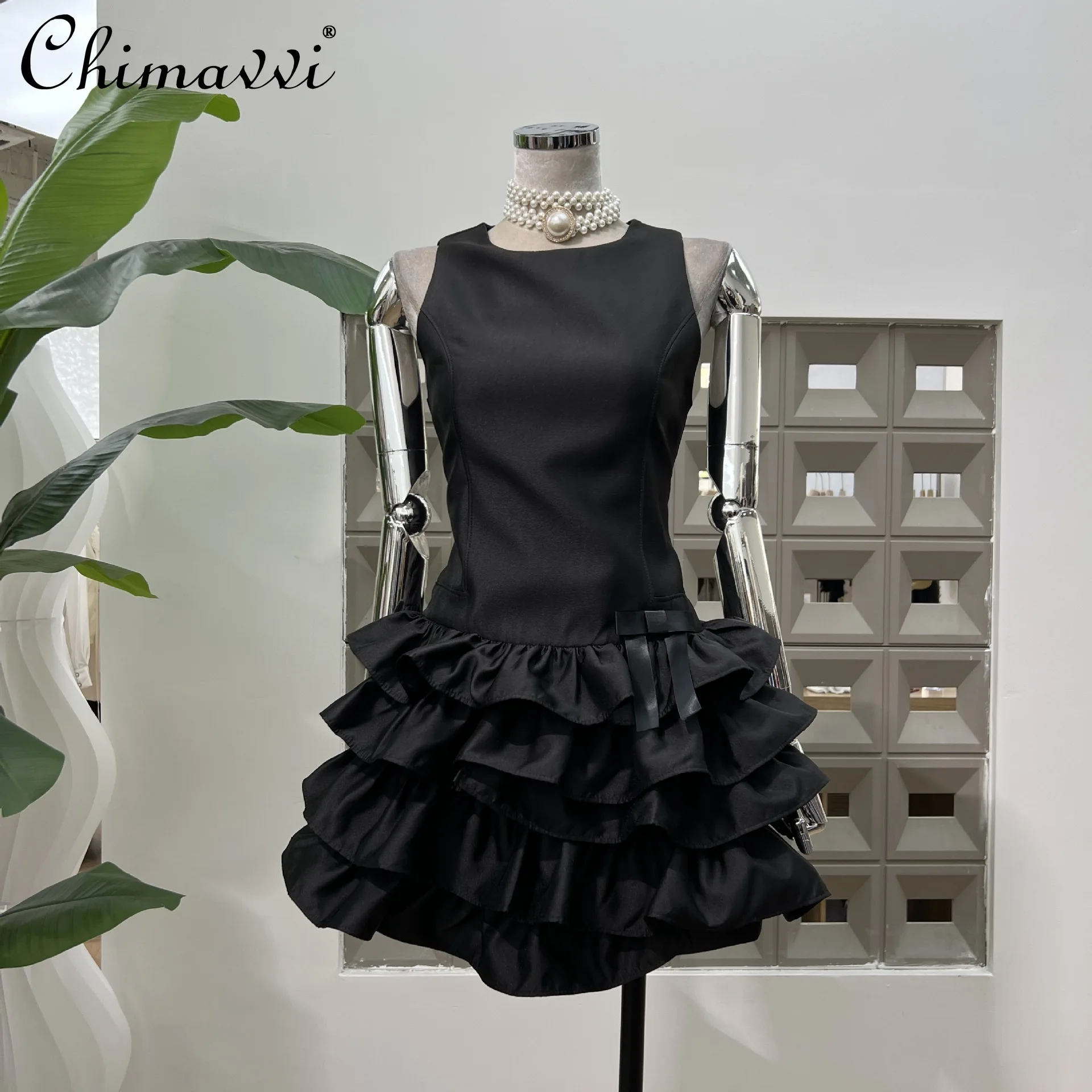 Francês elegante moda socialite vestidos de festa de aniversário em torno do pescoço sem mangas cintura alta fino ajuste arco em camadas vestido preto feminino