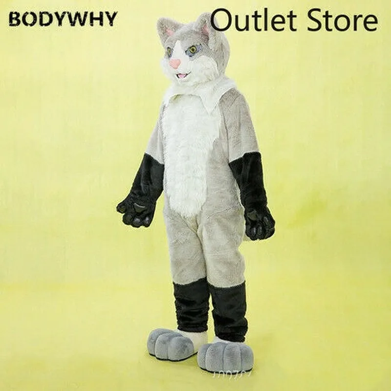 Long Fur Gray Cat Dog Mascot Costume Halloween Fursuit Cosplay Party AD Xmas Cartoon Outfits Carnival Halloween Ad Clothes