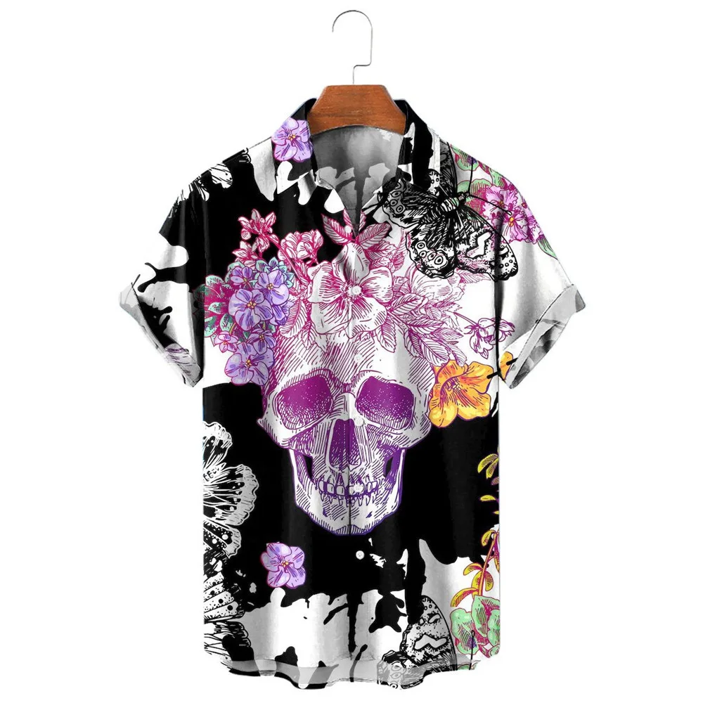 

HX Fashion Men's Shirts Skull Florals Art 3D Printed Short Sleeve Casual Shirt for Men Graphics Beach Shirt Camisas