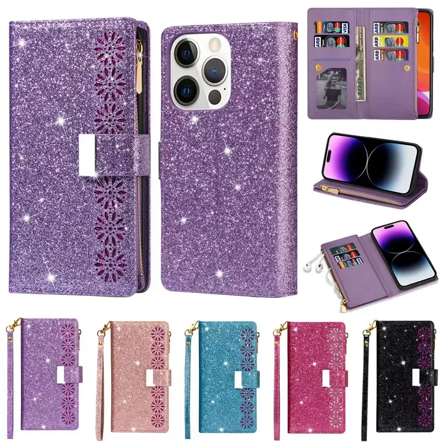 Wallte Laser Glitter Multiple Card Zipper Magnetic Flip Leather Case For iPhone 15 Pro Max 14 Plus 13 12 11 SE2020 X XR XS 8 7 6