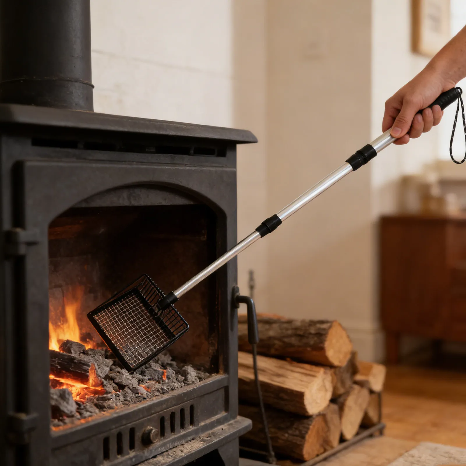 Long Handle Fireplace Ash Sifter Hollow Metal Coal Shovel 3-Section Adjustable Handle Heat Resistant Charcoal Shovel Scoop Wood
