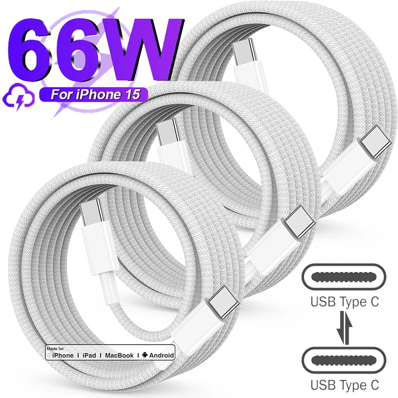 USB Type C to Type-C 66W Fast Charging Data Cord For iPhone 15 Plus 15 Pro Max USB-C Quick Charger Cable For iPhone15