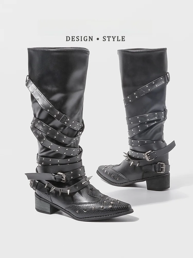

Punk Sle Women's Motorcycle Boots Thi Bot High Long Knight Boots Gothic Y2K Trendy Western Boots Chain Cross Ba...