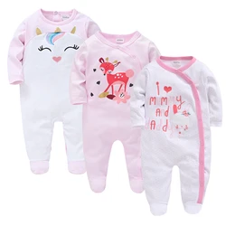 3Pcs/Lot Newborn Baby Girl Rompers Set Cotton Long Sleeve Footed Jumpsuits Cute Unicorn Deer Embroidery Infant Baby Clothes 0-12