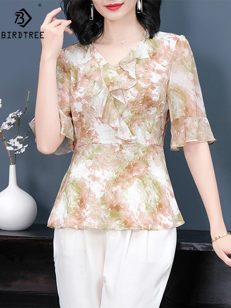 

BirdTree, 91% Real Silk OL Shirts, Women Ruffles Short Sleeve, Retro Elegant Loose Mom Blouses, 2024 Summer New Top T44451QM