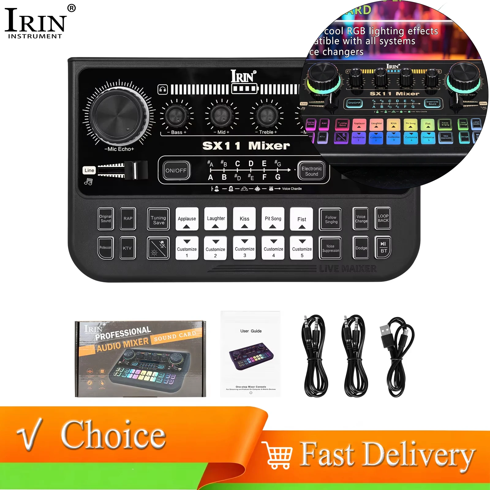 IRIN Audio Mixer Sound Card Multiple Sound Effects Adjustable Power Audio Processor for Live Streaming Podcast Studio Recording