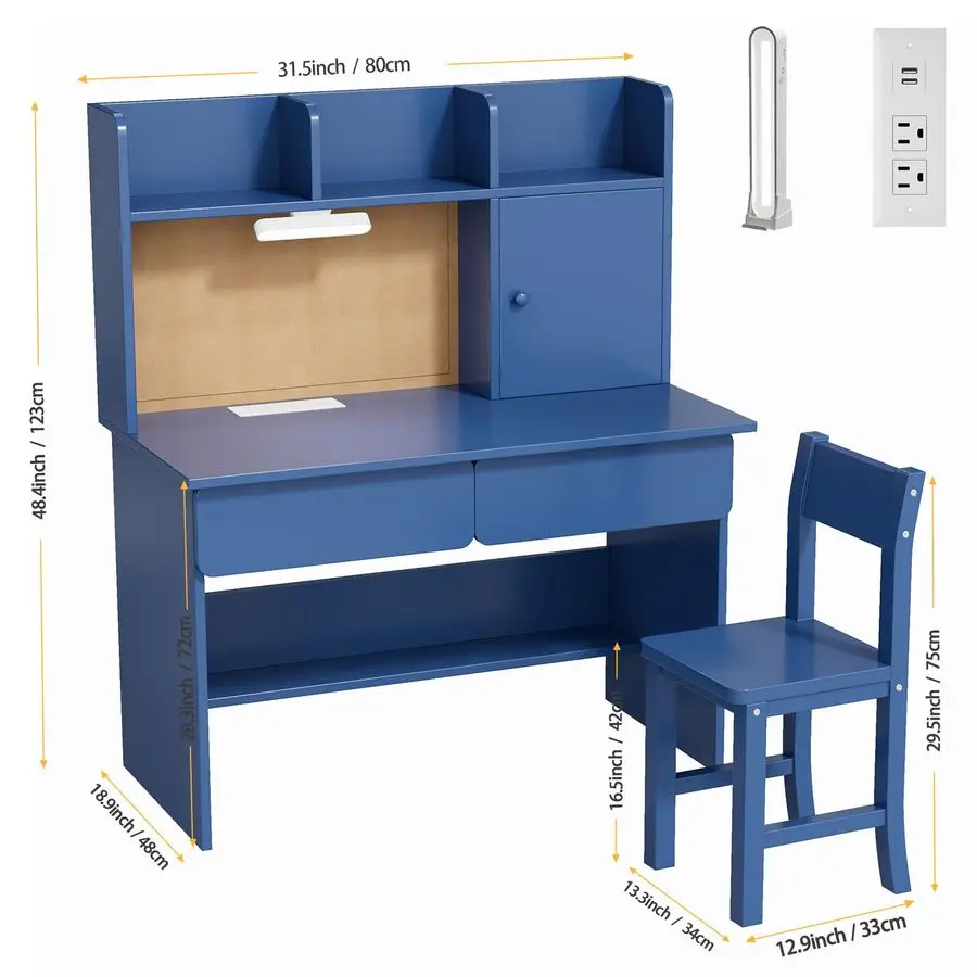 طقم مكتب وكرسي دراسة خشبي للأطفال، مكتب أطفال مع ضوء ومحطة شحن، درجين، خزائن تخزين و3 تخزين O #2