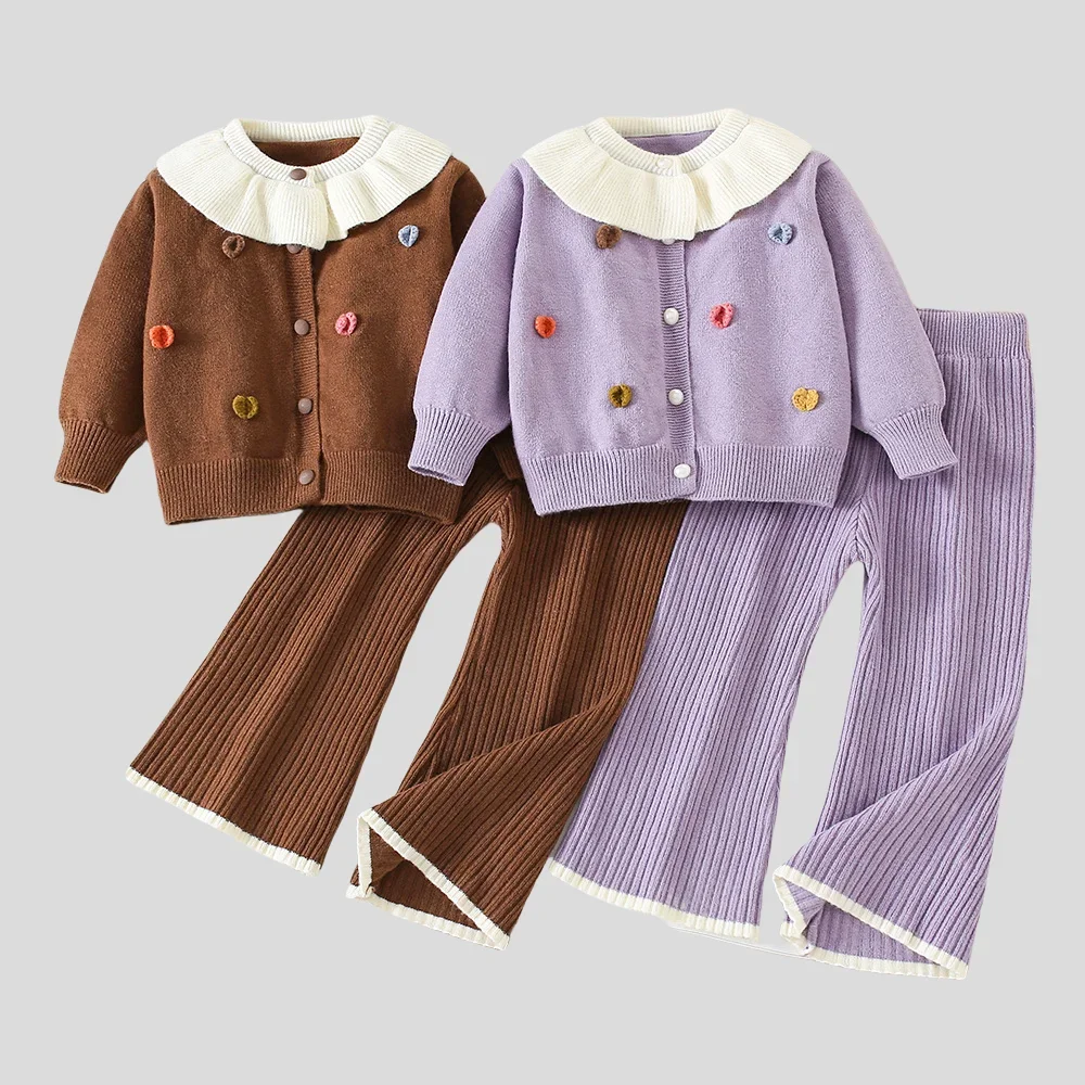 

Autumn 2025 Toddler Girl Soft Knit Set Vintage Ruffle Collar 3D Flared Pants 2-Piece Sweet 1-6Y Girl Clothing