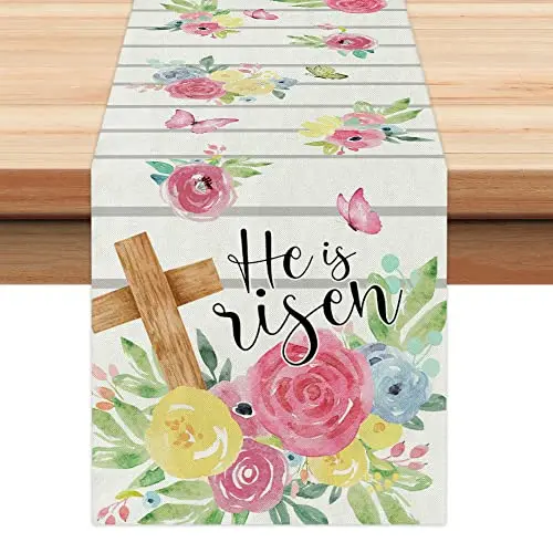 He Is Risen Blessed Easter Table Runner Seasonal Wreath Summer Holiday Farmhouse Indoor Table Runner for Home Party Decor