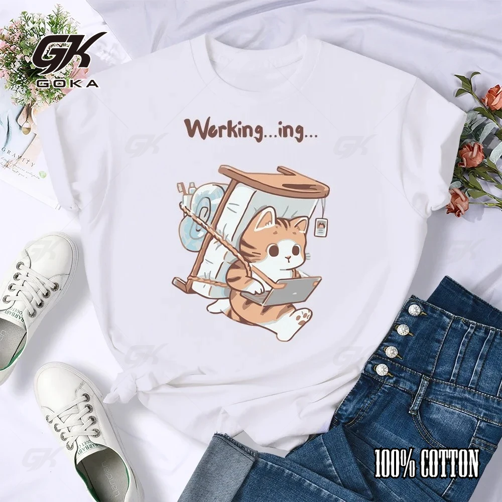 

A Sick Cat That Never Forgets To Work Print Women T-Shirt Summer Fashion T Shirts Hip Hop All-Match Top Comfortable Clothes