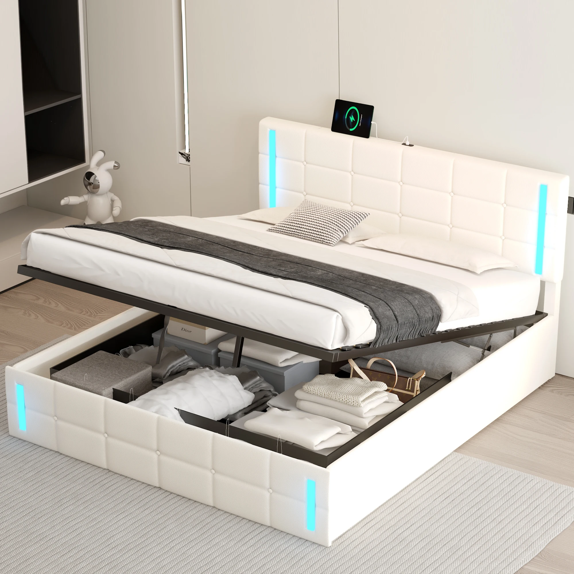 Queen Size Upholstered Bed with LED Lights, Hydraulic Storage System and USB Charging Station, White  80.70x62.60x40.90 in.