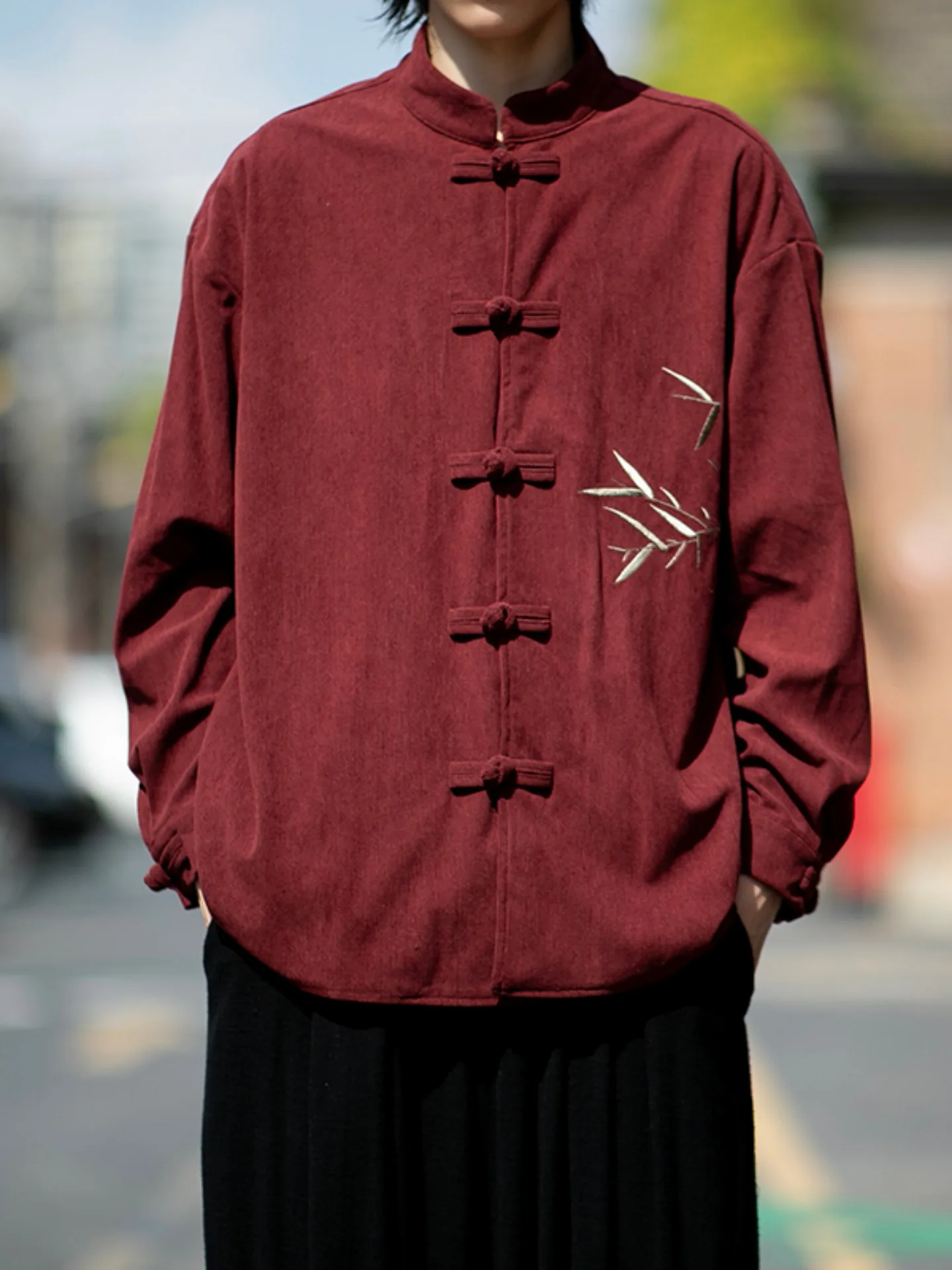 

Red Corduroy irt Men's Long Sve New Chinese Sle Bamboo Le Embroidery Zhongan Suit Autumn Outerwear Button up Casua...