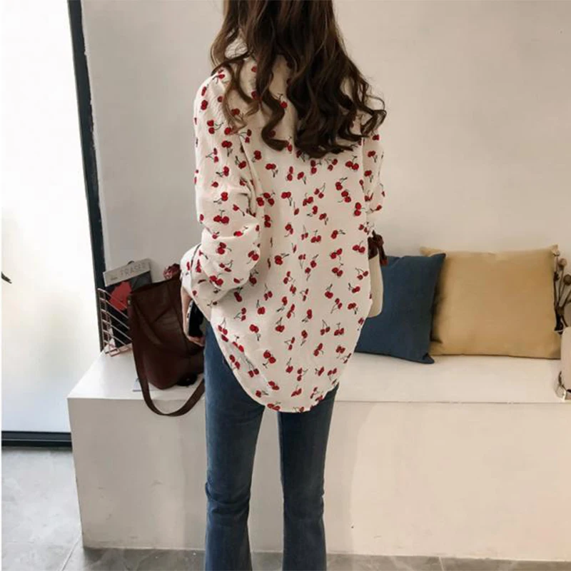 Spring Autumn Cherry Print Sweet Oversized Casual Shirt Ladies Single Breasted Long Sleeve Blouse Top Women Elegant Wild Blusa