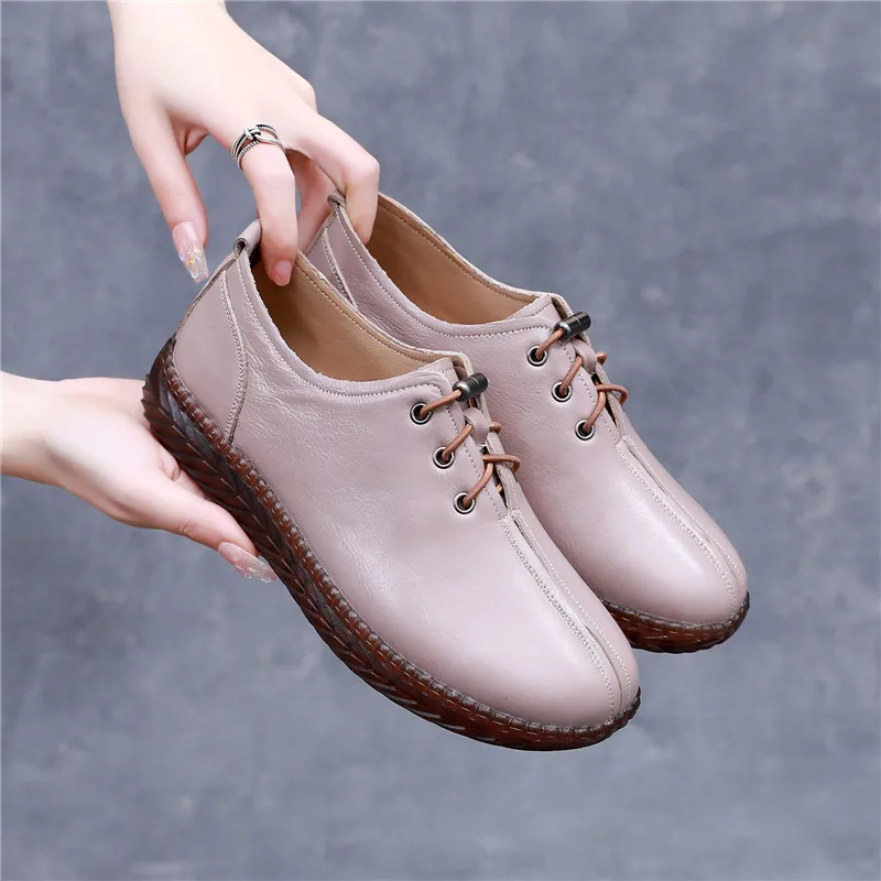 Handmade Genuine Leather Ladies Flats Sneakers Shoe Women Casual Loafers Shoes Female Autumn Moccasins White Nurses Shoes Canvas