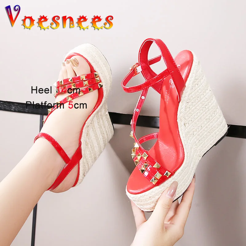 Comfortable Platform Straw Weave Sandals 2023 Summer Women's Buckle Strap High Heels 14CM Large Size Wedge Fashion Rivet Shoes