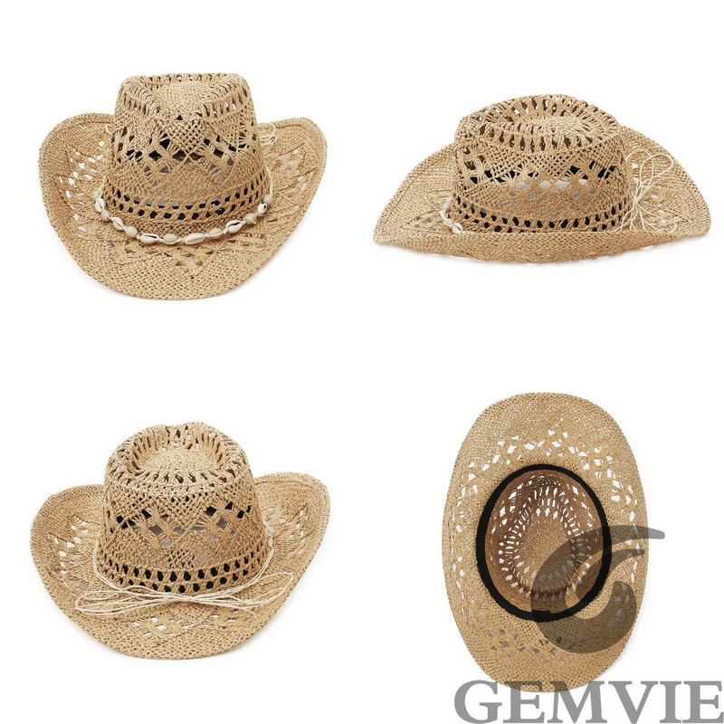 GEMVIE Women Summer Hollow Out Straw Sun Cowgirl Hat Outdoor Summer Beach Hat Men Cowboy Hats