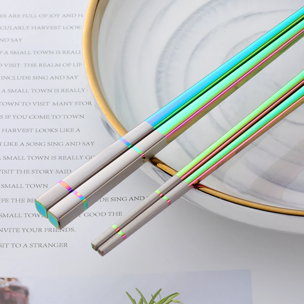 5Pairs Squre Stainless Steel Chopsticks Laser Engraving Patterns Food Sticks Portable Reusable Sushi Chopstick With Gift Box