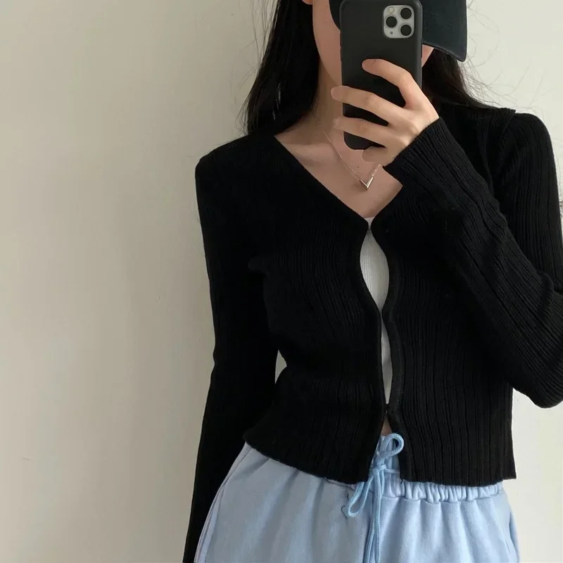 Ezgaga Cropped Cardigan Women V Neck Covered Button Solid Stretch Thin Spring Long Sleeve Knitted Tops Casual Lady Sweater