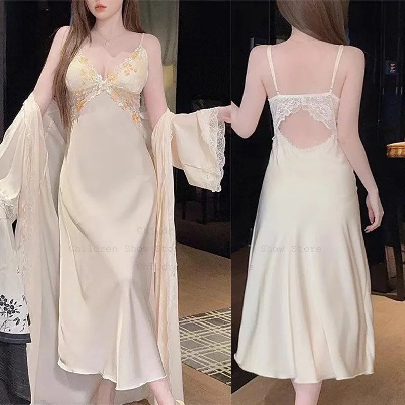 

Халат в стиле суда, женское сексуальное кружевное платье с отделкой, Vestidos De Novia, длинный халат, интимное белье, атласное кимоно, одежда для дома, одежда для сна