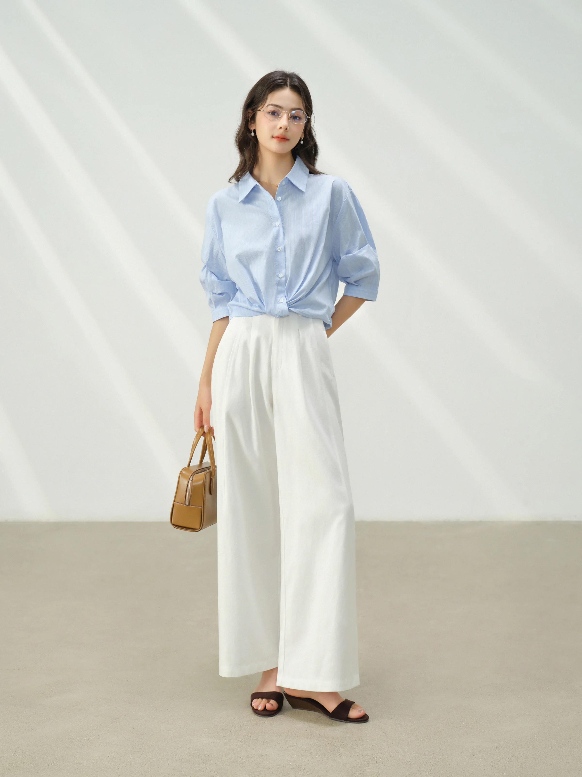 Elegant Blue Striped Shirt Half Sleeve Knot Design Blouse Summer Casual Button Down Top Women Office Chic Fashion Street Wear