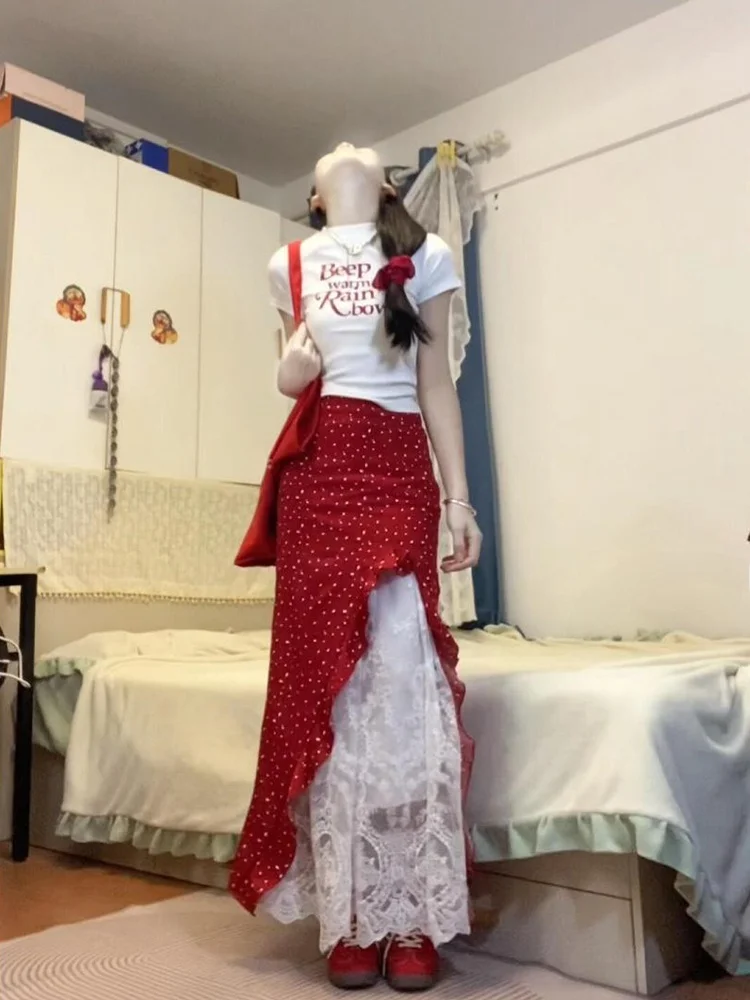 

Red Asymmetrical Floral Print A-Line Midi Skirt Women's Fashion Summer Youthful Half-length Skirts Midi Skirts
